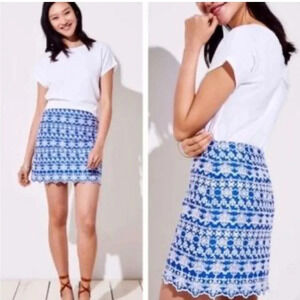 LOFT Cotton Eyelit royal Blue White Lace Mini Skirt Scalloped Hem Size 8